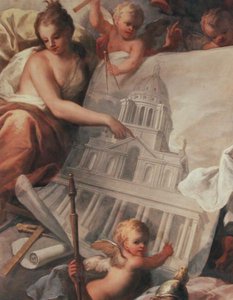 (detail) Ceiling of the Painted Hall showing a drawing of the exterior of the Painted Hall