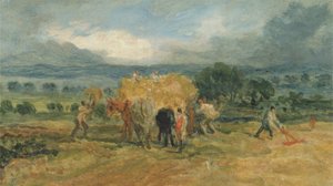 A Harvest Scene with Workers loading Hay on to a Farm Wagon