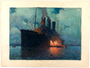 Coaling a Transport at Night, c.1919 by James de Vine Aylward