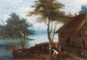 A river landscape with figures by a building getting into boats