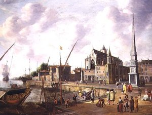 A Mediterranean Harbour Scene with Elegant Figures on the Quayside and Shipping at Sea in the Distance