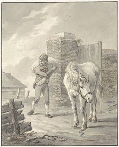 Man with Sack on Shoulder by Unsaddled Horse by Jan Anthonie Langendijk Dzn