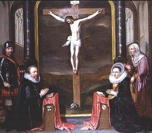 A Crucifixion with Portraits of the Donors Adriaen Meusyenbroeck and his Wife, Anna Elant, Attended by St. Adrian and St. Elizabeth by Jan Anthonisz. van Ravesteyn