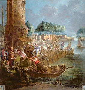 Canal scene with wine merchant unloading barrels by Jan Anton Garemyn