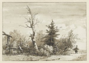 Landscape with Group of Trees and a Woman Gathering Wood on the Right by Jan Apeldoorn