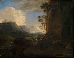 Rocky Mountain Valley with Stream and Herdsmen by Jan Asselijn