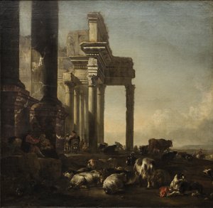 An Italianate Landscape with peasants, cattle and sheep by classical ruins