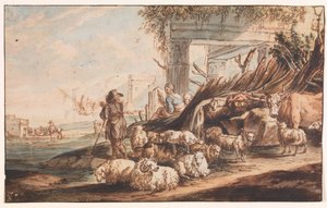 Shepherd with a Flock of Sheep and a Cow Among Ruins