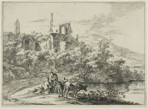 Landscape with Ruins and Two Cows at the Waterside, from a series of four horizontal Roman Landscapes by Jan Both