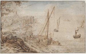 River Landscape. In the foreground, a boat being loaded and men cutting planks by Jan Brueghel d.Æ.