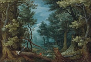 A Forest Landscape with Hunters Giving Chase to a Stag by Jan Brueghel the Elder