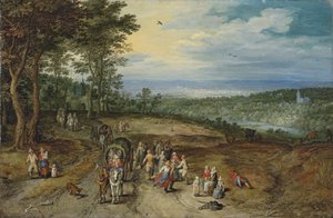 An Extensive Wooded Landscape with Travellers on a Track and Peasants Dancing in the Foreground by Jan Brueghel the Elder