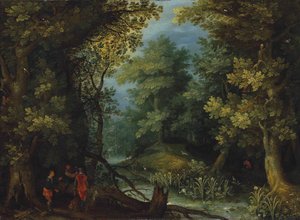 Hunters with Hounds by a Stream in a Wooded Landscape by Jan Brueghel the Elder