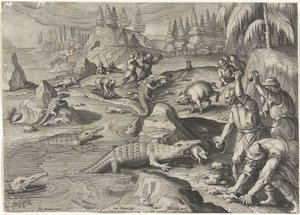 Crocodile Hunt (series title: Hunting Scenes, Venationes Ferarum, Auium, Piscium Pvgnae Bestiariorum) by Jan Collaert (II)