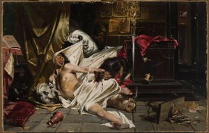 Man Fighting with Wolves