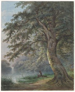 Angler under Large Tree by Pond by Jan David Geerling Grootveld