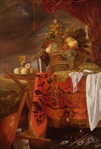 A Basket of Mixed Fruit with Gilt Cup, Silver Chalice, Nautilus, Glass and Peaches on a Plate by Jan Davidsz de Heem