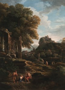 A classical landscape with figures in the foreground, ruins to the left and a figure in the centre making a sacrifice by Jan Frans van Bloemen