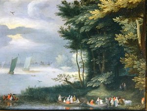 Banks of a Lake with Figures Embarking in Row-Boats by Jan Frans van Bredael