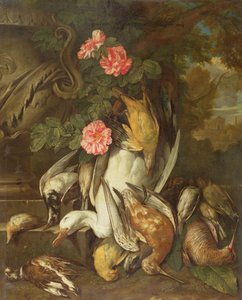 Dead Duck, Snipe, Finches and Other Dead Birds with Roses and Urn in a Wooded Landscape by Jan Fyt