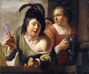 A Young Toper and a Serving Maid Drinking on a Balcony by Jan Gerritsz. van Bronckhorst