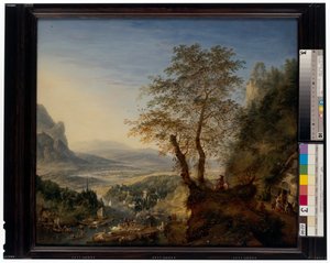 An Extensive River Landscape with Moored Boats, Figure Groups and an Army on the March