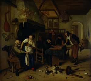Interior of an Inn with an Old Man Amusing Himself with the Landlady and Two Men Playing Backgammon, Known as 