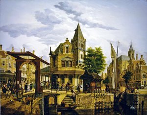 A Dutch Street Scene Along a Canal by Jan Hendrik Verheyen