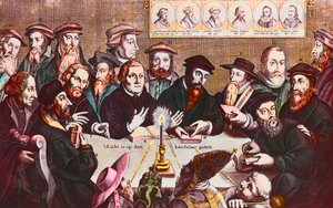 The light is placed on the candlestick - Engraving by Jan Houwens showing The reformers John Calvin and Martin Luther Imaginary Meeting of Reformist Leaders: John Wyclif by Jan Houwens