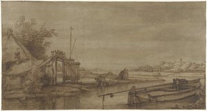 Canal View with Farm and Moored Barge