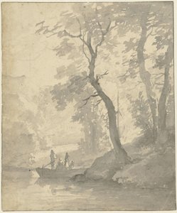 Trees by Water with a Boat and Occupants