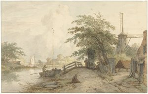 Landscape with Bridge and House along a Road by Water by Jan Hulswit