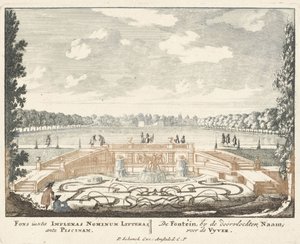 Fountain and large pond in the gardens of Het Loo Palace by Jan I van Call