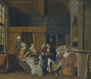A family taking tea while celebrating the birth of twins by Jan Josef Horemans the Younger