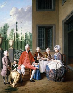 Group Portrait of the van den Bosch Family, Dining by a House, a Topiary Garden Beyond