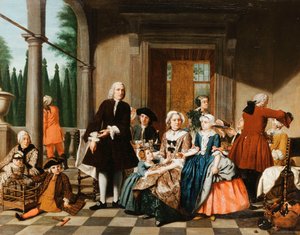 Portrait of a Family Dining on a Portico, a Formal Garden Beyond, 1747