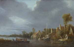 A Village by a River with Peasants and Cattle on a Ferry by Jan Josephsz van Goyen