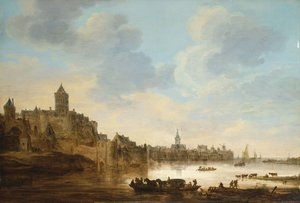 A Town on the Banks of a River, with a Ferry