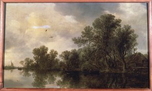 A Wooded River Landscape, with Peasants in a Rowing Boat by a Cottage and a Ferry, a Sailing Boat in the Distance, 1633 by Jan Josephsz van Goyen