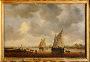 Two Large Sailboats on a River and Animals on the Banks