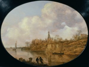 Three Fishermen Hauling a Net and Baskets on the Bank of a River Landscape with a Castle and Village in the Distance by Jan Josephsz van Goyen