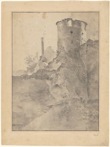 View of an Italianate Round Tower by a Ruined Wall