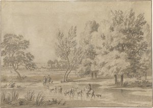 Landscape with Trees, Riders, and Some Cows in a Watering Place by Jan Laurensz. van der Vinne