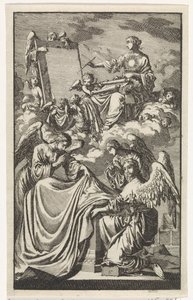 Allegorical Female Figure Writing on a Panel in the Clouds by Jan Luyken