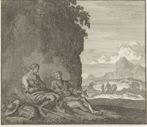Emblem: Shadow, Two Travelers Resting in the Shadow of a Rock by Jan Luyken