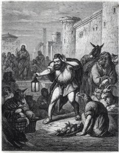 Esop and Christ: the Greek writer Esop (Esop or Esopus, 6th century BC), with a lantern in his hand, crosses a walk among characters with heads of animals in search of a man. Behind him we see Jesus Christ. Illustration inspired by the fable Esope a un by Jan Luyken