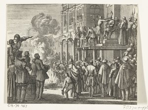 Jacob van Campen with Mitre on Head on the Scaffold in Amsterdam, 1535 by Jan Luyken