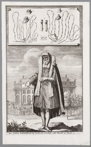 Jewish man, dressed for prayer. On the background the Portuguese Synagogue of Amsterdam by Jan Luyken