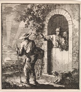 Man in a Doorway Gestures a Weary Traveler to Pass by Jan Luyken