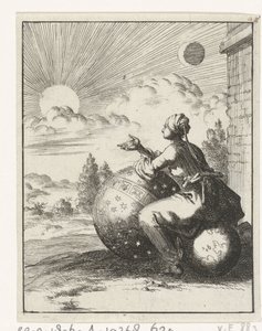 Woman Seated on a Earth Globe and Leaning on a Celestial Globe Looking at the Sunset by Jan Luyken